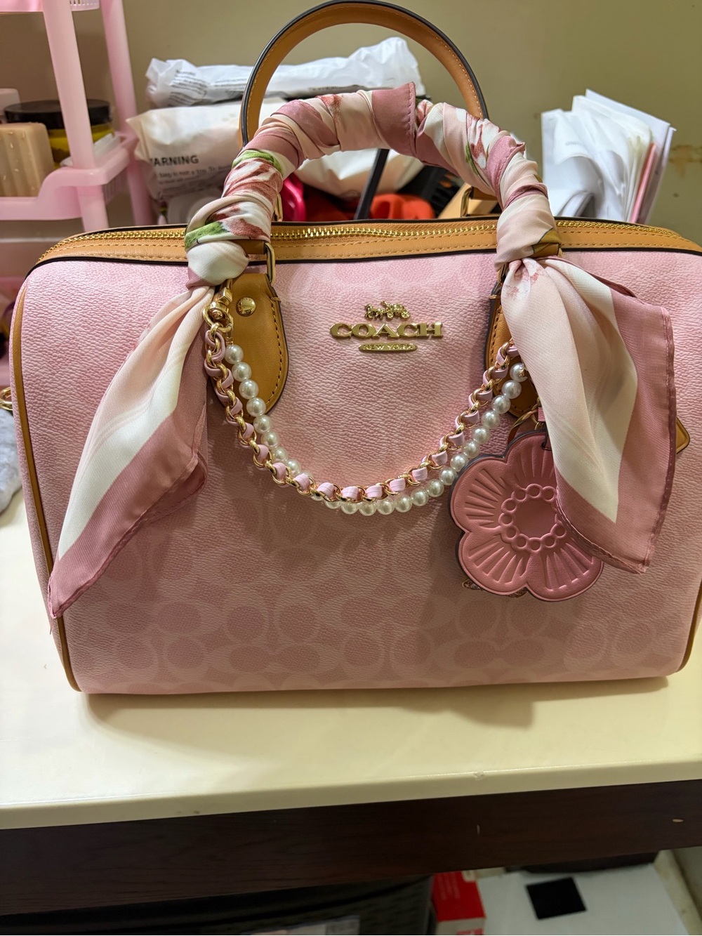 Coach Pink Signature Satchel with Pearl Chain & Floral Charm